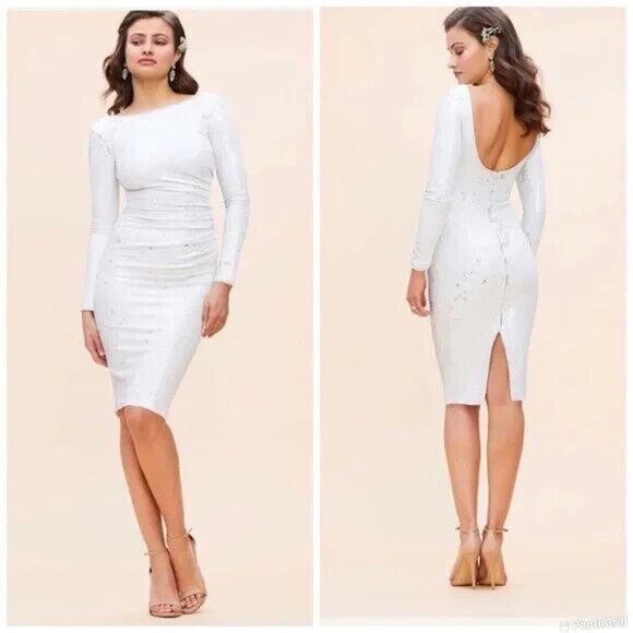 NWT Dress the Population White Emilia Sequin Long Sleeve Ruched Dress XXS $285 - Picture 1 of 10